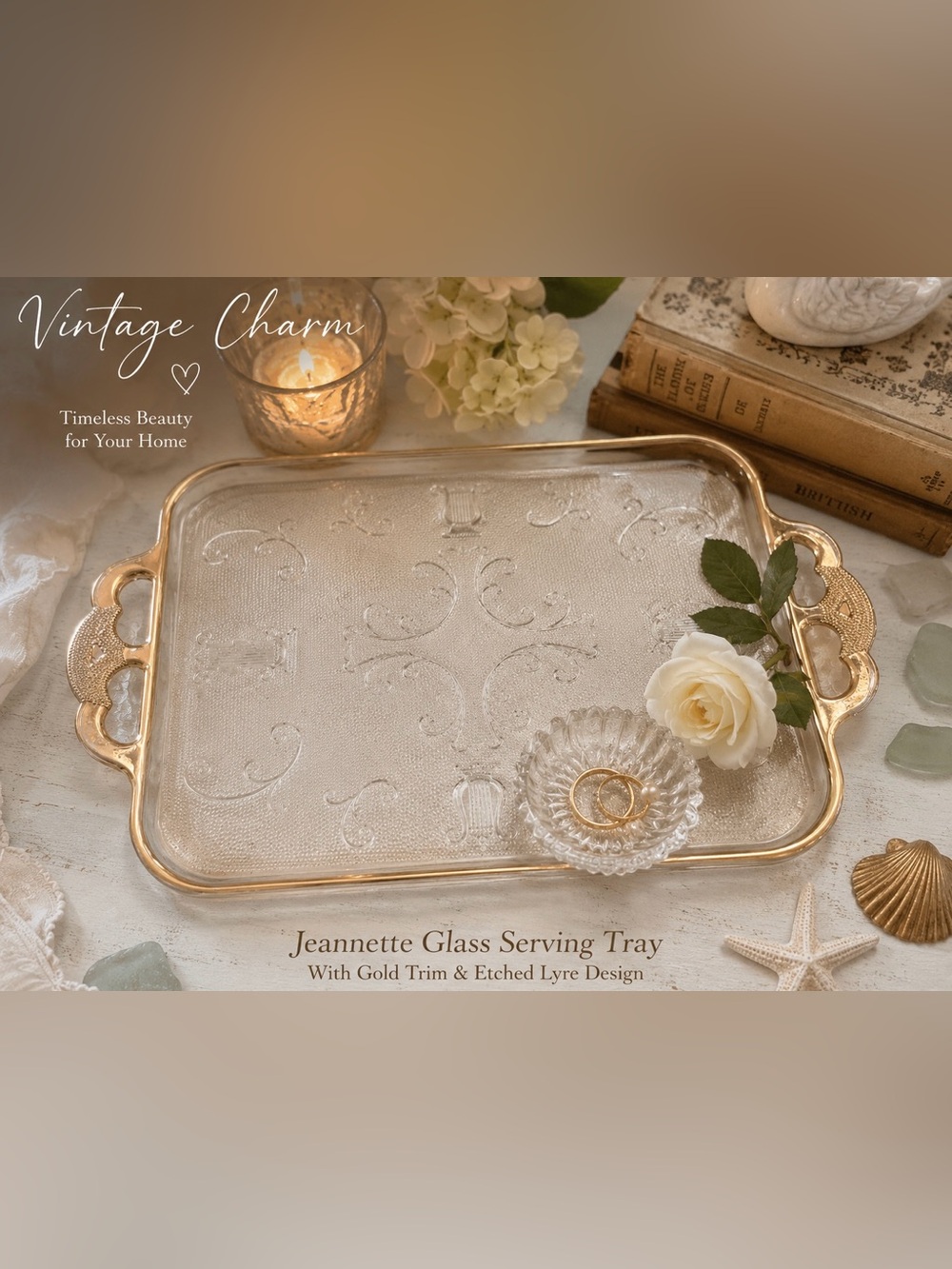 Vintage Jeannette Glass Serving Tray with Gold Trim & Etched Lyre Design
